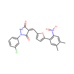 Cc1cc(-c2ccc(/C=C3/C(=O)NN(c4cccc(Cl)c4)C3=O)o2)c([N+](=O)[O-])cc1C ZINC000015659837