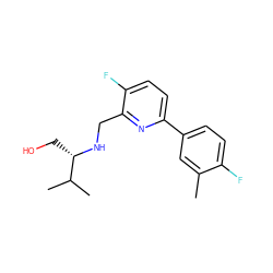 Cc1cc(-c2ccc(F)c(CN[C@@H](CO)C(C)C)n2)ccc1F ZINC000204410381