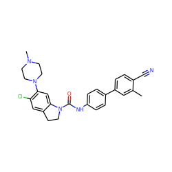 Cc1cc(-c2ccc(NC(=O)N3CCc4cc(Cl)c(N5CCN(C)CC5)cc43)cc2)ccc1C#N ZINC000045201934