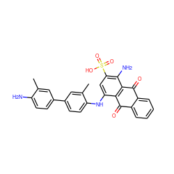 Cc1cc(-c2ccc(Nc3cc(S(=O)(=O)O)c(N)c4c3C(=O)c3ccccc3C4=O)c(C)c2)ccc1N ZINC000095590402