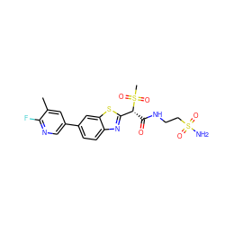 Cc1cc(-c2ccc3nc([C@@H](C(=O)NCCS(N)(=O)=O)S(C)(=O)=O)sc3c2)cnc1F ZINC000143961900