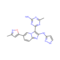 Cc1cc(-c2ccc3nc(Nc4cc[nH]n4)c(-c4nc(C)nc(N)n4)n3c2)on1 ZINC000095553742