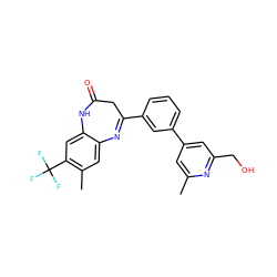 Cc1cc(-c2cccc(C3=Nc4cc(C)c(C(F)(F)F)cc4NC(=O)C3)c2)cc(CO)n1 ZINC000101383353