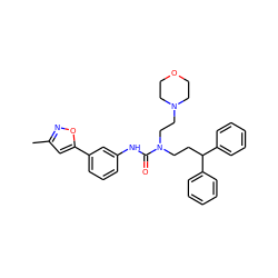 Cc1cc(-c2cccc(NC(=O)N(CCC(c3ccccc3)c3ccccc3)CCN3CCOCC3)c2)on1 ZINC000095601793