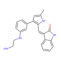 Cc1cc(-c2cccc(NCCN)c2)c(/C=C2\C(=O)Nc3ccccc32)[nH]1 ZINC000071340862