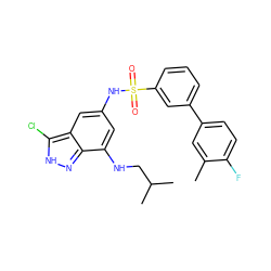 Cc1cc(-c2cccc(S(=O)(=O)Nc3cc(NCC(C)C)c4n[nH]c(Cl)c4c3)c2)ccc1F ZINC000013531409