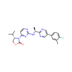 Cc1cc(-c2cnc([C@H](C)Nc3nccc(N4C(=O)OC[C@@H]4C(C)C)n3)nc2)ccc1F ZINC000205156403