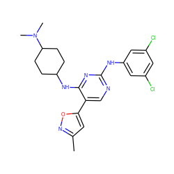 Cc1cc(-c2cnc(Nc3cc(Cl)cc(Cl)c3)nc2NC2CCC(N(C)C)CC2)on1 ZINC000095598090