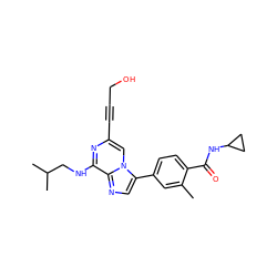 Cc1cc(-c2cnc3c(NCC(C)C)nc(C#CCO)cn23)ccc1C(=O)NC1CC1 ZINC000199083460