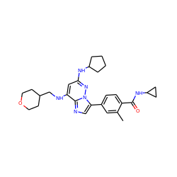 Cc1cc(-c2cnc3c(NCC4CCOCC4)cc(NC4CCCC4)nn23)ccc1C(=O)NC1CC1 ZINC000113900610