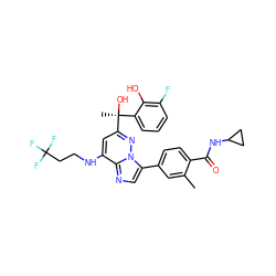 Cc1cc(-c2cnc3c(NCCC(F)(F)F)cc([C@@](C)(O)c4cccc(F)c4O)nn23)ccc1C(=O)NC1CC1 ZINC000147487762