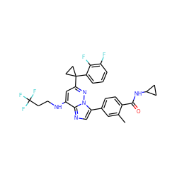 Cc1cc(-c2cnc3c(NCCC(F)(F)F)cc(C4(c5cccc(F)c5F)CC4)nn23)ccc1C(=O)NC1CC1 ZINC000147538130