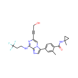 Cc1cc(-c2cnc3c(NCCC(F)(F)F)nc(C#CCO)cn23)ccc1C(=O)NC1(C)CC1 ZINC000199095691