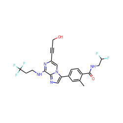 Cc1cc(-c2cnc3c(NCCC(F)(F)F)nc(C#CCO)cn23)ccc1C(=O)NCC(F)F ZINC000199095710