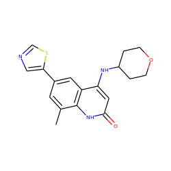 Cc1cc(-c2cncs2)cc2c(NC3CCOCC3)cc(=O)[nH]c12 ZINC000299852299