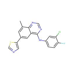 Cc1cc(-c2cncs2)cc2c(Nc3ccc(F)c(Cl)c3)ncnc12 ZINC000299850202