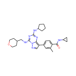 Cc1cc(-c2cnn3c(NCC4CCOCC4)nc(NC4CCCC4)nc23)ccc1C(=O)NC1CC1 ZINC000213591063