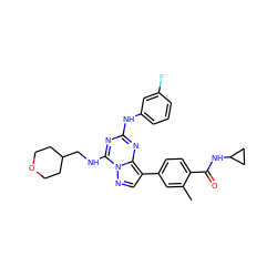 Cc1cc(-c2cnn3c(NCC4CCOCC4)nc(Nc4cccc(F)c4)nc23)ccc1C(=O)NC1CC1 ZINC000653863982