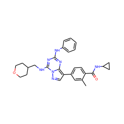 Cc1cc(-c2cnn3c(NCC4CCOCC4)nc(Nc4ccccc4)nc23)ccc1C(=O)NC1CC1 ZINC000221957283