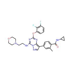 Cc1cc(-c2cnn3c(NCCN4CCOCC4)nc(Oc4cccc(F)c4F)nc23)ccc1C(=O)NC1CC1 ZINC000653909220