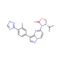 Cc1cc(-c2cnn3ccc(N4C(=O)OC[C@@H]4C(C)C)nc23)ccc1-c1nc[nH]n1 ZINC000116185834