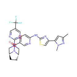 Cc1cc(-c2csc(Nc3ccc(C(=O)N4[C@H]5CC[C@H]4CN(c4ncc(C(F)(F)F)cn4)C5)cn3)n2)n(C)n1 ZINC001772581863