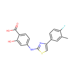 Cc1cc(-c2csc(Nc3ccc(C(=O)O)c(O)c3)n2)ccc1F ZINC000000070745