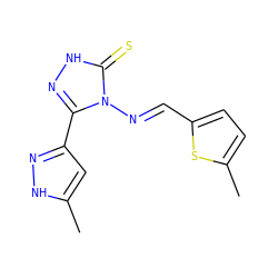 Cc1cc(-c2n[nH]c(=S)n2/N=C/c2ccc(C)s2)n[nH]1 ZINC000005626025