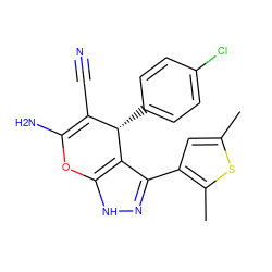 Cc1cc(-c2n[nH]c3c2[C@@H](c2ccc(Cl)cc2)C(C#N)=C(N)O3)c(C)s1 ZINC000008680705