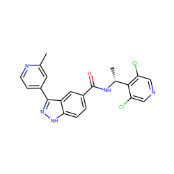 Cc1cc(-c2n[nH]c3ccc(C(=O)N[C@H](C)c4c(Cl)cncc4Cl)cc23)ccn1 ZINC000653851630