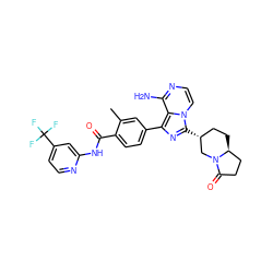 Cc1cc(-c2nc([C@@H]3CC[C@H]4CCC(=O)N4C3)n3ccnc(N)c23)ccc1C(=O)Nc1cc(C(F)(F)F)ccn1 ZINC000145630694