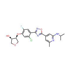 Cc1cc(-c2nc(-c3cc(F)c(O[C@H]4COC[C@H]4O)cc3Cl)no2)cc(NC(C)C)n1 ZINC000653764390