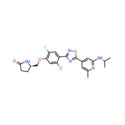 Cc1cc(-c2nc(-c3cc(F)c(OC[C@H]4CCC(=O)N4)cc3Cl)no2)cc(NC(C)C)n1 ZINC000653777797