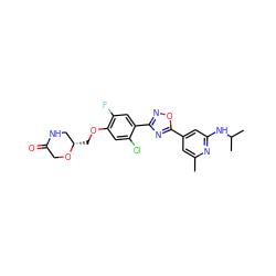 Cc1cc(-c2nc(-c3cc(F)c(OC[C@H]4CNC(=O)CO4)cc3Cl)no2)cc(NC(C)C)n1 ZINC000653771348