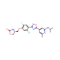 Cc1cc(-c2nc(-c3cc(F)c(OC[C@H]4COC(=O)N4)cc3Cl)no2)cc(NC(C)C)n1 ZINC000653762976