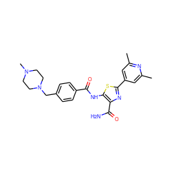 Cc1cc(-c2nc(C(N)=O)c(NC(=O)c3ccc(CN4CCN(C)CC4)cc3)s2)cc(C)n1 ZINC000149910174