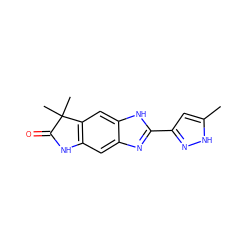 Cc1cc(-c2nc3cc4c(cc3[nH]2)C(C)(C)C(=O)N4)n[nH]1 ZINC000038264989