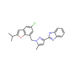 Cc1cc(-c2nc3ccccc3[nH]2)nn1Cc1cc(Cl)cc2cc(C(C)C)oc12 ZINC000073196830