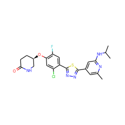 Cc1cc(-c2nnc(-c3cc(F)c(O[C@@H]4CCC(=O)NC4)cc3Cl)s2)cc(NC(C)C)n1 ZINC000653771334