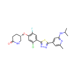 Cc1cc(-c2nnc(-c3cc(F)c(O[C@H]4CCC(=O)NC4)cc3Cl)s2)cc(NC(C)C)n1 ZINC000653774559