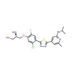 Cc1cc(-c2nnc(-c3cc(F)c(OC[C@H](N)CO)cc3Cl)s2)cc(NC(C)C)n1 ZINC000653716035