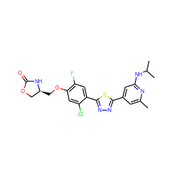 Cc1cc(-c2nnc(-c3cc(F)c(OC[C@H]4COC(=O)N4)cc3Cl)s2)cc(NC(C)C)n1 ZINC000653753964