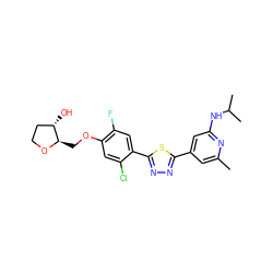 Cc1cc(-c2nnc(-c3cc(F)c(OC[C@H]4OCC[C@@H]4O)cc3Cl)s2)cc(NC(C)C)n1 ZINC000653764353