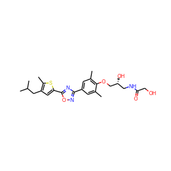 Cc1cc(-c2noc(-c3cc(CC(C)C)c(C)s3)n2)cc(C)c1OC[C@H](O)CNC(=O)CO ZINC000103257915