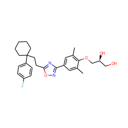 Cc1cc(-c2noc(CCC3(c4ccc(F)cc4)CCCCC3)n2)cc(C)c1OC[C@@H](O)CO ZINC000169705909