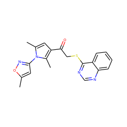 Cc1cc(-n2c(C)cc(C(=O)CSc3ncnc4ccccc34)c2C)no1 ZINC000003490775