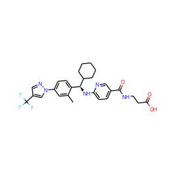 Cc1cc(-n2cc(C(F)(F)F)cn2)ccc1[C@H](Nc1ccc(C(=O)NCCC(=O)O)cn1)C1CCCCC1 ZINC000096170500