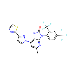 Cc1cc(-n2ccc(-c3nccs3)n2)c2[nH]c(=O)n(-c3ccc(C(F)(F)F)cc3C(F)(F)F)c2n1 ZINC000040394190