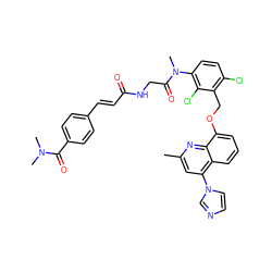 Cc1cc(-n2ccnc2)c2cccc(OCc3c(Cl)ccc(N(C)C(=O)CNC(=O)/C=C/c4ccc(C(=O)N(C)C)cc4)c3Cl)c2n1 ZINC000029392322