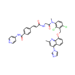 Cc1cc(-n2ccnc2)c2cccc(OCc3c(Cl)ccc(N(C)C(=O)CNC(=O)/C=C/c4ccc(C(=O)Nc5ccncc5)cc4)c3Cl)c2n1 ZINC000029345462